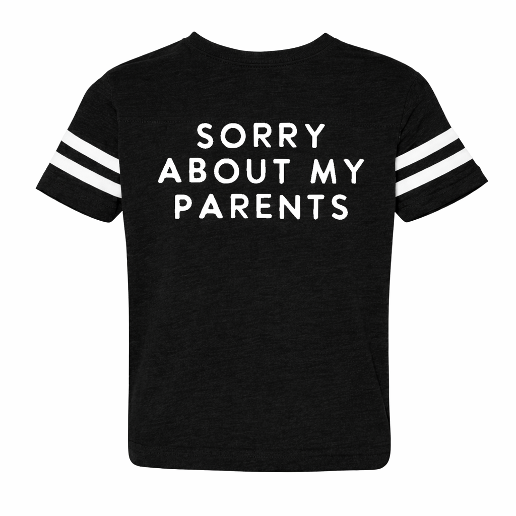 Black Sorry About My Parents youth graphic t-shirt flatlay kids streetwear outfit