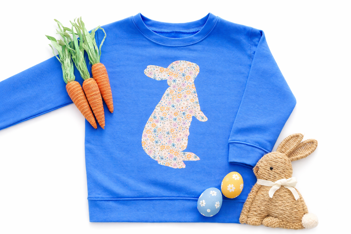 Blue floral bunny kids sweatshirt flat lay, Easter bunny graphic crewneck for toddler girl spring outfit