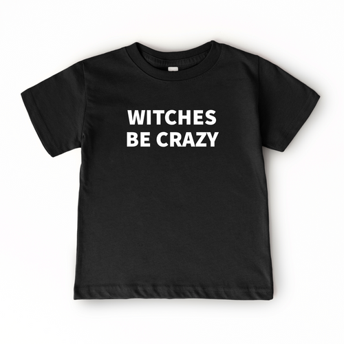 Boys Halloween graphic tee with Witches Be Crazy saying on black shirt for toddler and youth fall outfits.