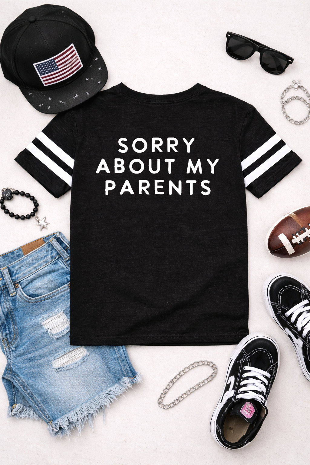 Black Sorry About My Parents Toddler youth graphic t-shirt flatlay kids streetwear outfit